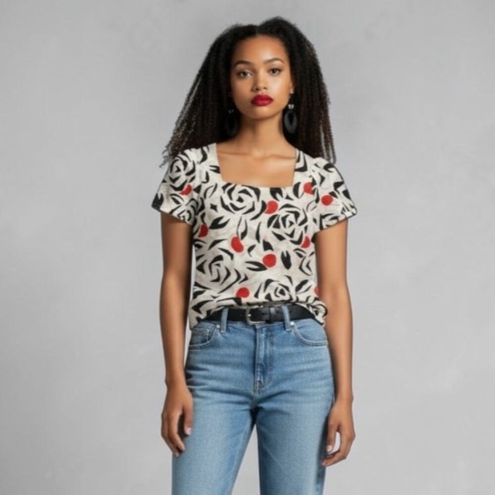 Vintage 90s Petite Blouse Abstract Rose Print Square Neck Red Black White 4P